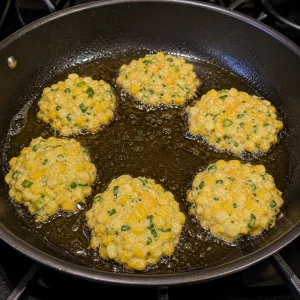 Small corn fritters starting to fry in hot oil