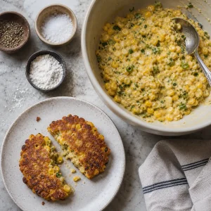 Tester corn fritter broken open beside remaining batter