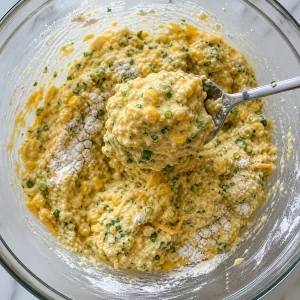Thick corn fritter batter holding its shape on a spoon