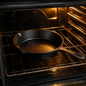 Sartén de hierro vacía precalentándose en la rejilla del horno