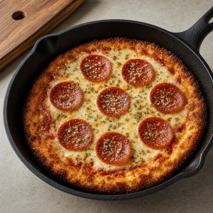 Pizza de pepperoni terminada en sartén con orégano y parmesano