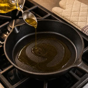 Aceite de oliva vertido en una sartén caliente de hierro negro