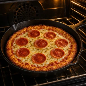 Pizza de pepperoni en sartén horneándose con queso burbujeante