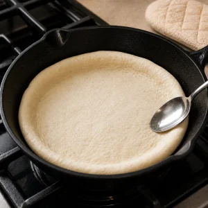 Masa cruda de pizza presionada hacia los lados de una sartén de hierro