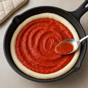Salsa de tomate para pizza extendida sobre la masa en sartén de hierro
