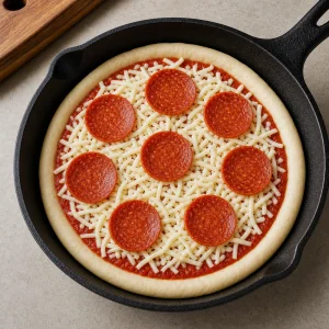 Pizza sin hornear en sartén cubierta con mozzarella y pepperoni