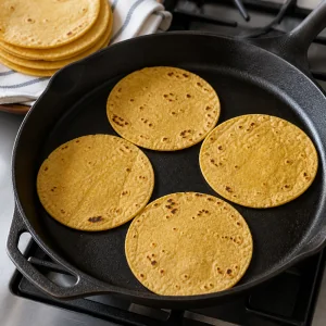 Corn tortillas warming in a dry skillet