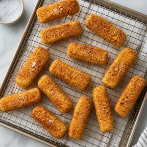Golden fried fish strips resting on a wire rack