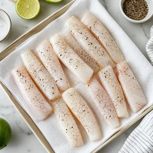 Seasoned white fish strips on paper towels