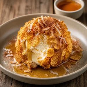 Fried ice cream topped with honey, cinnamon sugar and toasted coconut