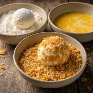 Frozen ice cream scoop coated in cornflake coconut crumbs
