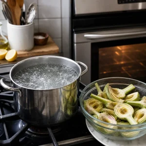 A pot of boiling water with prepared artichokes waiting nearby
