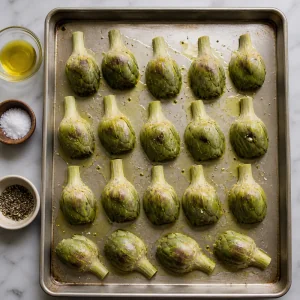 Artichokes arranged cut side down on an oiled baking sheet