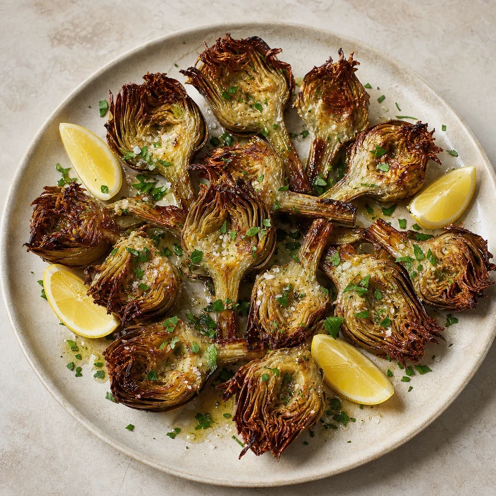 Crispy roasted artichokes on a platter with lemon and parsley