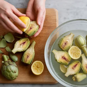 Halved artichokes rubbed with lemon beside a bowl of lemon water
