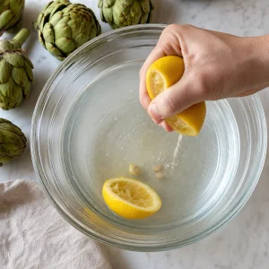 Lemon juice being squeezed into a bowl of cold water