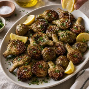 Lemon squeezed over crispy artichokes with parsley on a platter