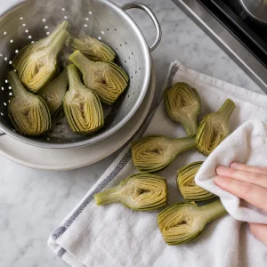 Parboiled artichokes draining and drying on a towel