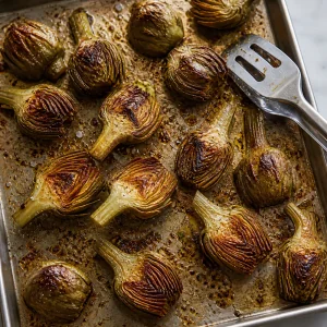 Roasted artichoke halves with browned cut sides on a sheet pan