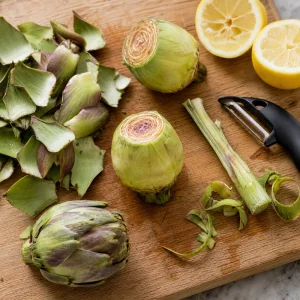 Trimmed baby artichokes with outer leaves and a peeler on a cutting board