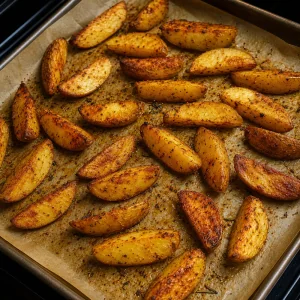 Spicchi di patate al forno dorati e croccanti su una teglia con carta forno