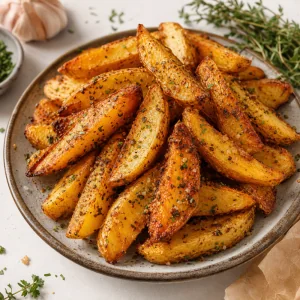 Spicchi di patate croccanti con aglio ed erbe serviti caldi