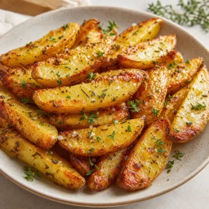 Spicchi di patate croccanti aglio ed erbe serviti subito con sale grosso