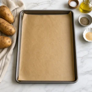 Teglia rivestita di carta forno pronta per spicchi di patate aglio ed erbe