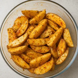 Spicchi di patate crudi conditi con olio all’aglio, erbe e spezie