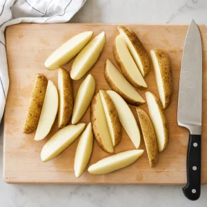 Patate pulite tagliate a spicchi uniformi su un tagliere