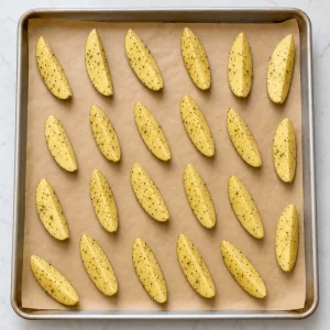 Spicchi di patate conditi distanziati su una teglia rivestita di carta forno