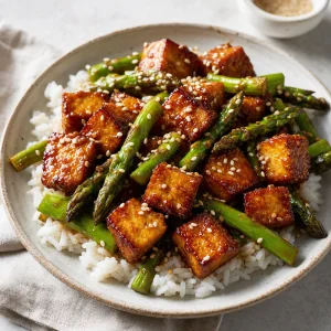 Tofu crocante com gengibre e soja e aspargos salteados servidos sobre arroz cozido com sementes de gergelim.
