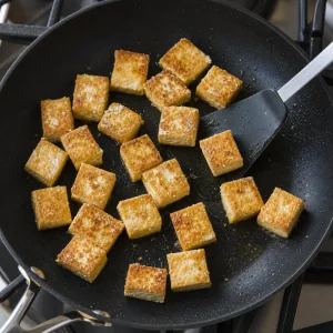 Cubos de tofu fritando em uma única camada até ficarem dourados e crocantes por todos os lados.