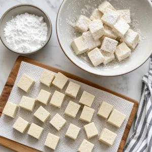 Cubos de tofu secos e envolvidos uniformemente em amido de milho antes de fritar.