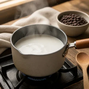 Kokosmilch wird sanft in einem kleinen Topf erwärmt