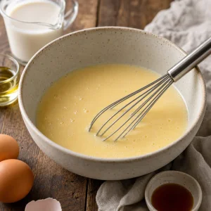 Eier, Mandelmilch, Öl und Vanille glatt verquirlt