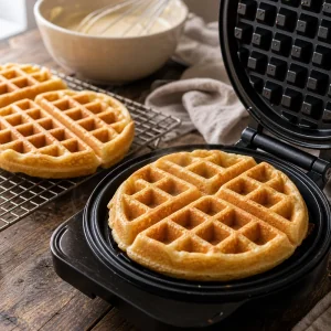 Goldene glutenfreie Waffeln im offenen Waffeleisen