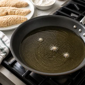 Breadcrumbs sizzling in hot oil in a large skillet