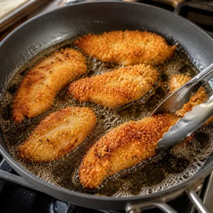 Breaded chicken tenderloins frying in shallow oil until deep golden