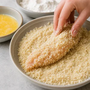 Chicken tenderloin pressed firmly into the panko breadcrumb mixture