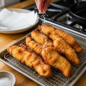 Freshly fried chicken tenderloins draining on a wire rack with salt