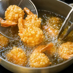 Battered shrimp frying in bubbling hot oil until puffed, crisp, and golden brown.