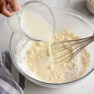 Cold egg white and club soda mixture poured into dry ingredients and gently whisked into a lumpy batter.