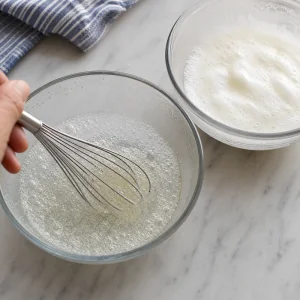 Frothy egg white being stirred into ice-cold club soda for a light shrimp batter.