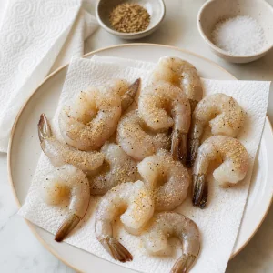 Raw shrimp patted dry on paper towels and lightly seasoned with salt, pepper, and garlic powder.