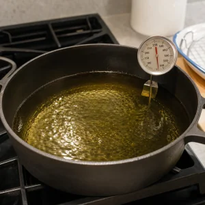 Vegetable oil heating in a deep pot with a thermometer at 350°F.