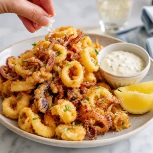 Crispy fried calamari served hot with lemon wedges and garlic aioli.