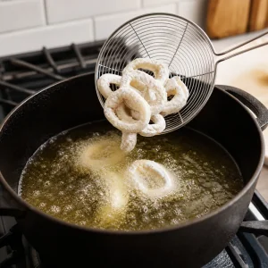 Flour-coated calamari rings carefully lowered into bubbling hot oil.