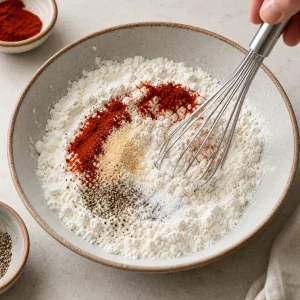 Seasoned flour and cornstarch mixture whisked with paprika and garlic powder.