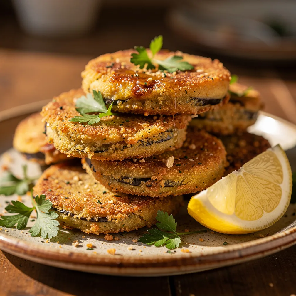 A stack of crispy, golden-fried eggplant slices garnished with fresh parsley and lemon